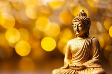 Fototapeta premium Buddha statue on a golden bokeh background. Meditation in lotus position. Spiritual zen God religion.