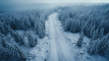 Aerial view of the winter road without car