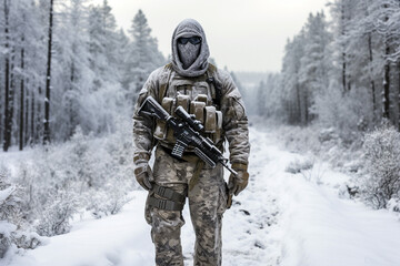 Portrait of an army with a machine gun in the winter forest - obrazy, fototapety, plakaty