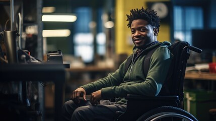 Man with disability sitting in wheelchair in office