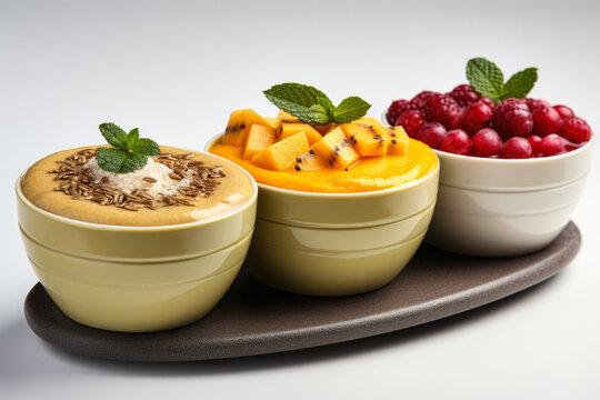 Vibrant vegan pumpkin smoothie bowls carefully garnished isolated on a white background 
