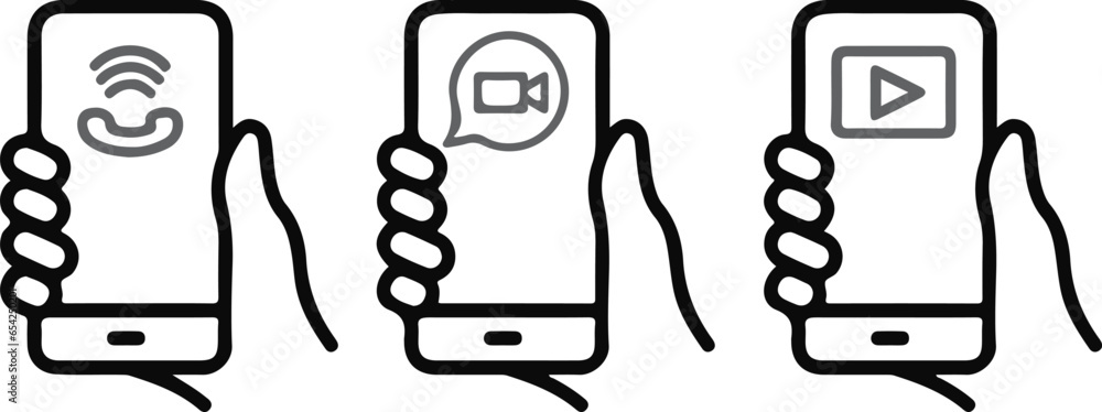 Aufkleber pixel perfect icon set of vector illustrations of a hand holding a smartphone with a call icon, vide
