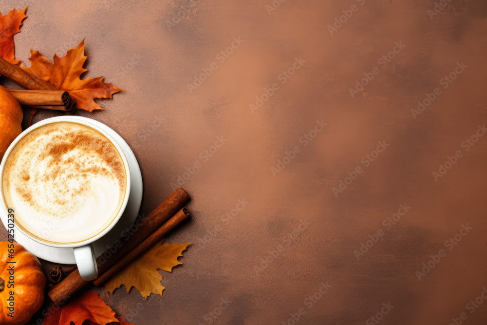Poster spiced pumpkin latte with cinnamon still life background with empty space for text