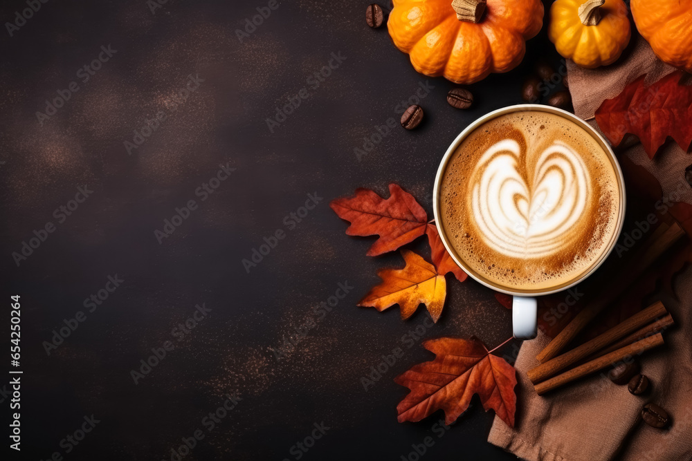 Poster spiced pumpkin latte with cinnamon still life background with empty space for text