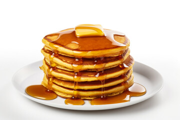 Stack of fluffy pumpkin pancakes with syrup drizzle isolated on a white background 