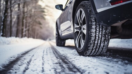 Close-up low angle shot of car tyre on a snowy road in winter