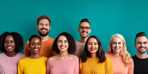 Portraits of happy multiethnic people smiling and looking at camera. on color background - obrazy, fototapety, plakaty