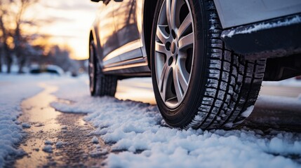 Close-up low angle shot of car tyre on a snowy road in winter - obrazy, fototapety, plakaty