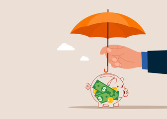 Hand Investor with his  piggy bank safety money covered by big umbrella. Flat vector illustration
