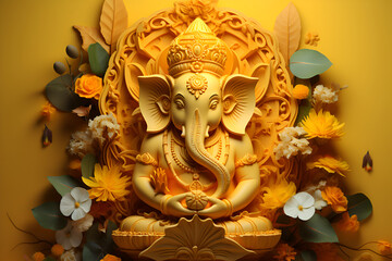 Idol of Lord Ganesha on yellow background with flowers. Happy Ganesha holiday. Indian god statue. Bright postcard