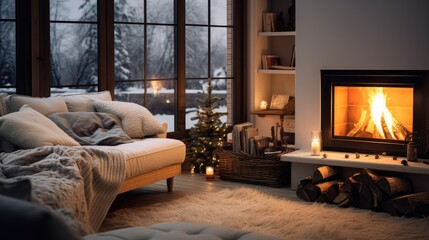  Cozy living room winter interior with fireplace - obrazy, fototapety, plakaty
