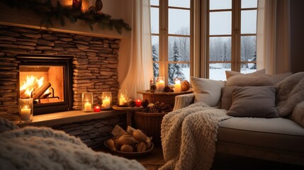  Cozy living room winter interior with fireplace