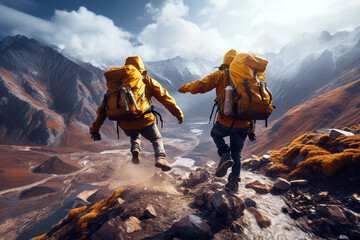 Hiker with backpacks hiking in mountains. Trekking and mountaineering concept - obrazy, fototapety, plakaty