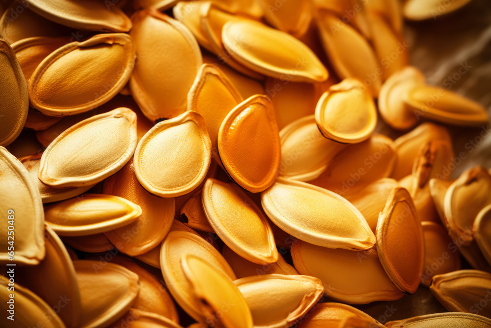 Poster macro shot of raw pumpkin seeds background with empty space for text