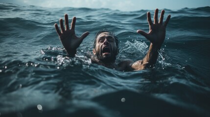 Drowning man in sea asking for help with raised arms - obrazy, fototapety, plakaty