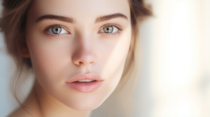 Naklejka premium Beautiful smiling girl model with natural makeup touching glowing hydrated skin on light background closeup.