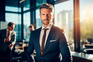 Retrato de hombre de negocios en la oficina. Atractivo gerente ejecutivo profesional en su lugar de trabajo. Concepto de liderazgo profesional.
