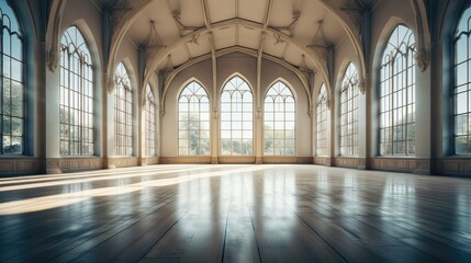 Empty hall in modern building with tall windows - obrazy, fototapety, plakaty