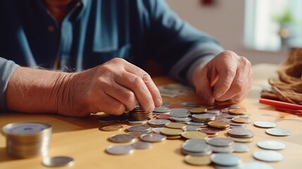 Elderly man counting euros at home - obrazy, fototapety, plakaty