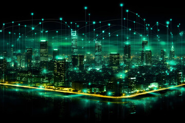 futuristic cityscape panorama at night with visible data  traffic as digitalization, technology, data concept. green and yellow dark background design - generative ai