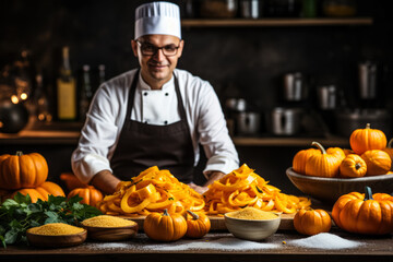 Italian chef preparing pumpkin risotto in a kitchen background with empty space for text 
