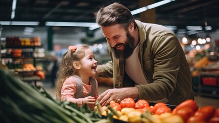 Father and daughter shopping in a grocery store - obrazy, fototapety, plakaty