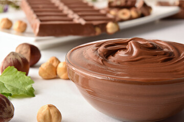 Chocolate cream with hazelnuts in a bowl and ingredients