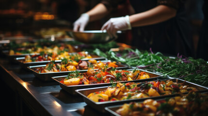 Preparing a variety of dishes for a buffet set-up, ready for guests to enjoy. - obrazy, fototapety, plakaty