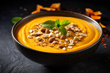 Exquisite vegan pumpkin smoothie bowl garnished isolated on a gradient background 