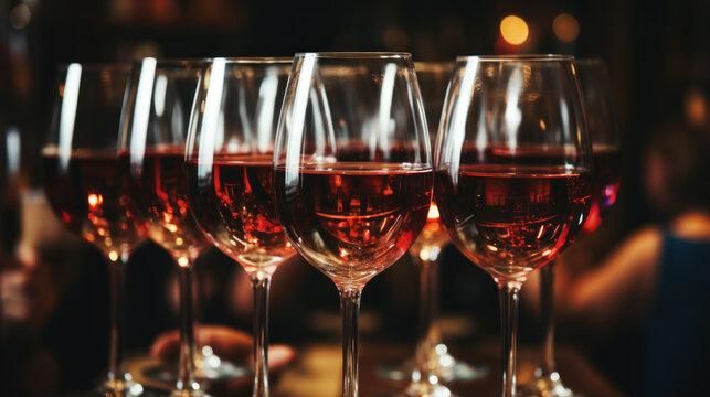 Red Wine, Multiple Glasses Arranged On A Bar Counter, Ready For Tasting.