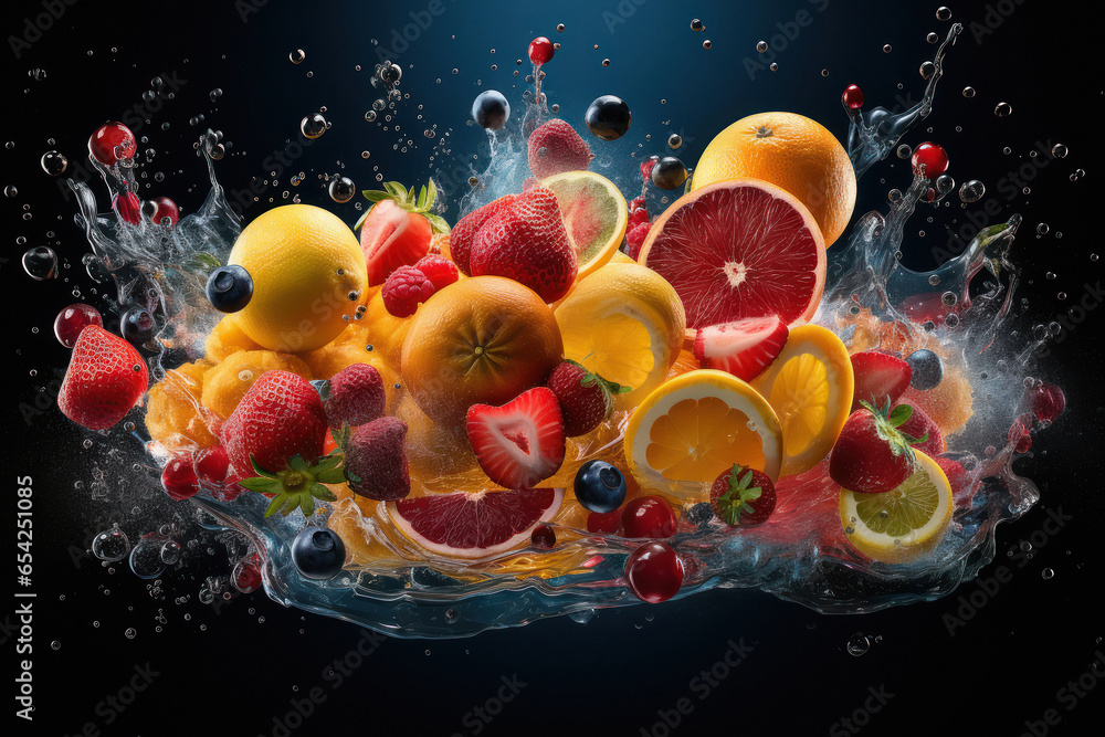 Wall mural water splashing on fresh and juicy fruits.