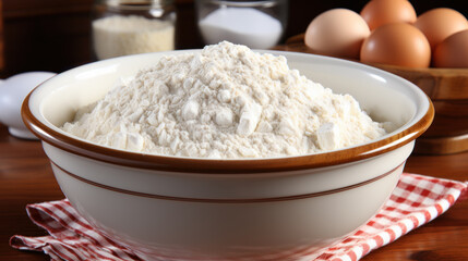 Fototapeta na wymiar Wheat flour in a bowl with eggs and yeast beside, essential ingredients for baking and pastry.
