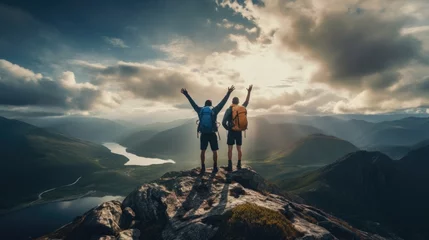 Fotobehang Happy two hikers with raised arms on top of the mountain © Fly Frames