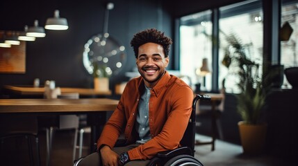 Happy young man with disability sitting in wheelchair in office - obrazy, fototapety, plakaty