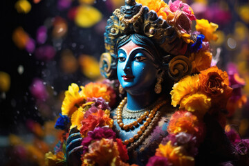 Colorful idol of Lord Krishna decorated with flowers