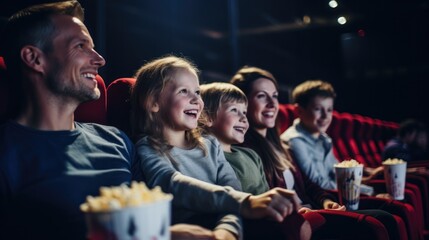 Joyful family watching movie in cinema