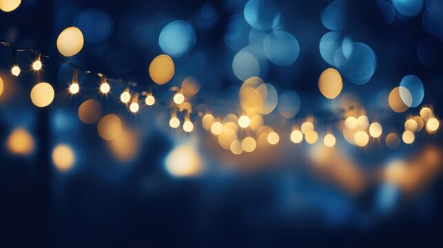 holiday illumination and decoration concept - christmas garland bokeh lights over dark blue background- generative AI