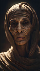 A mummy with unraveled bandages, revealing its eyes ai generates