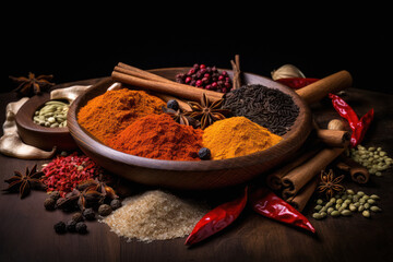 Various Indian spices kept in plate.