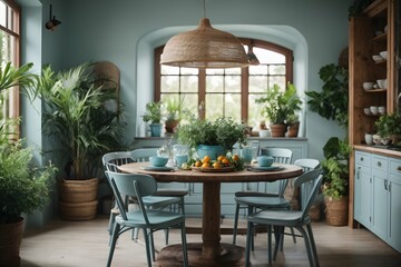 Fototapeta na wymiar Rustic interior kitchen with rounded dining table with plants around, vintage light blue design. Generative Ai.