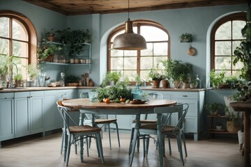 Fototapeta na wymiar Rustic interior kitchen with rounded dining table with plants around, vintage light blue design. Generative Ai.