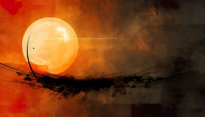 Black circle on orange, red and dark vintage background. Copy space. Grungy, dirty and beautiful shape, sun for business, web, banner, social media.