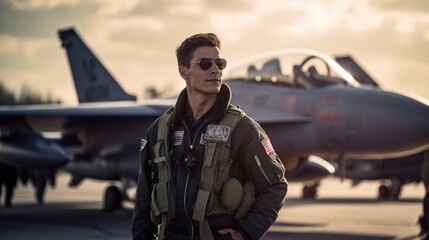 Portrait of Navy jet fighter pilot in front of his jet - obrazy, fototapety, plakaty