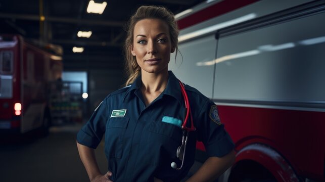 Portrait of a female paramedic in front of an ambulance