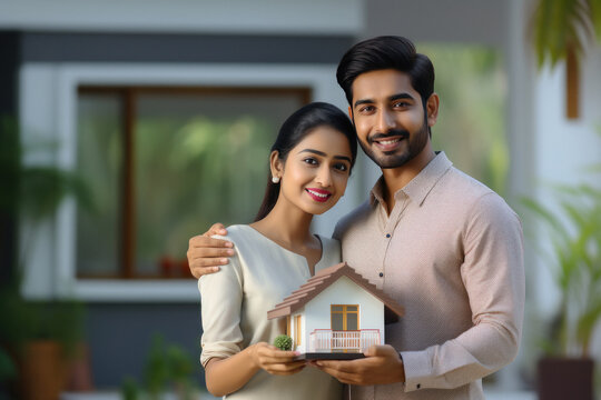 Indian couple holding home toy in hand. home loan concept.