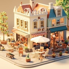 Bustling European Cafe Street 3d illustration