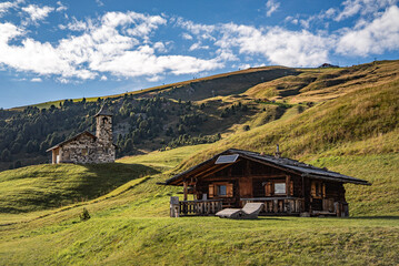 Fototapeta na wymiar A close-up of a Refugio in the middle of the way to seceda mountain in Dolomites