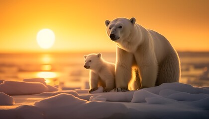 Polar bear (Ursus maritimus) mother and cub on the pack ice, north of Svalbard Arctic Norway - obrazy, fototapety, plakaty