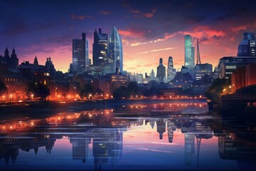 Fototapeta premium A city skyline at night, with illuminated buildings and reflections on a river, capturing the hustle and bustle of urban life. 