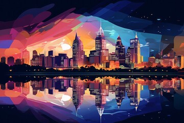 A city skyline at night, with illuminated buildings and reflections on a river, capturing the hustle and bustle of urban life. 